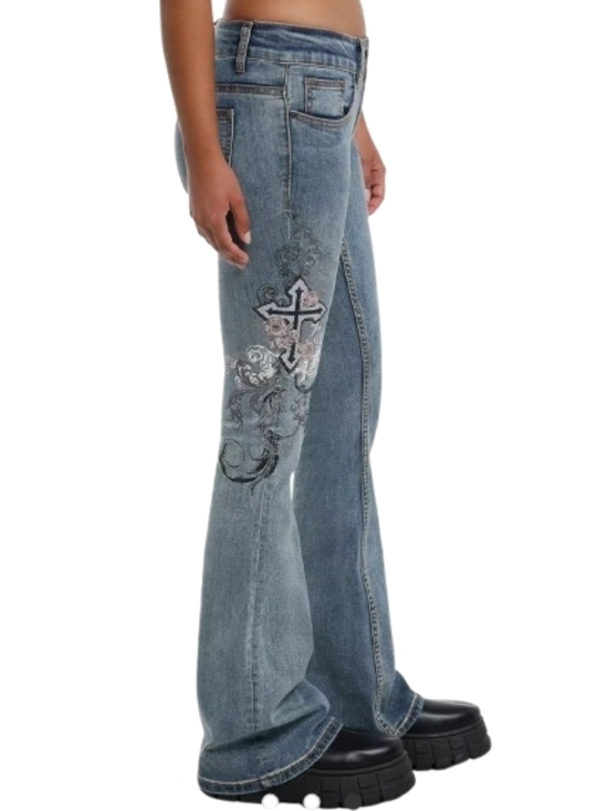 Hot Topic Denim - Hot Topic Light Blue Flare Jeans with Embroidered Cross